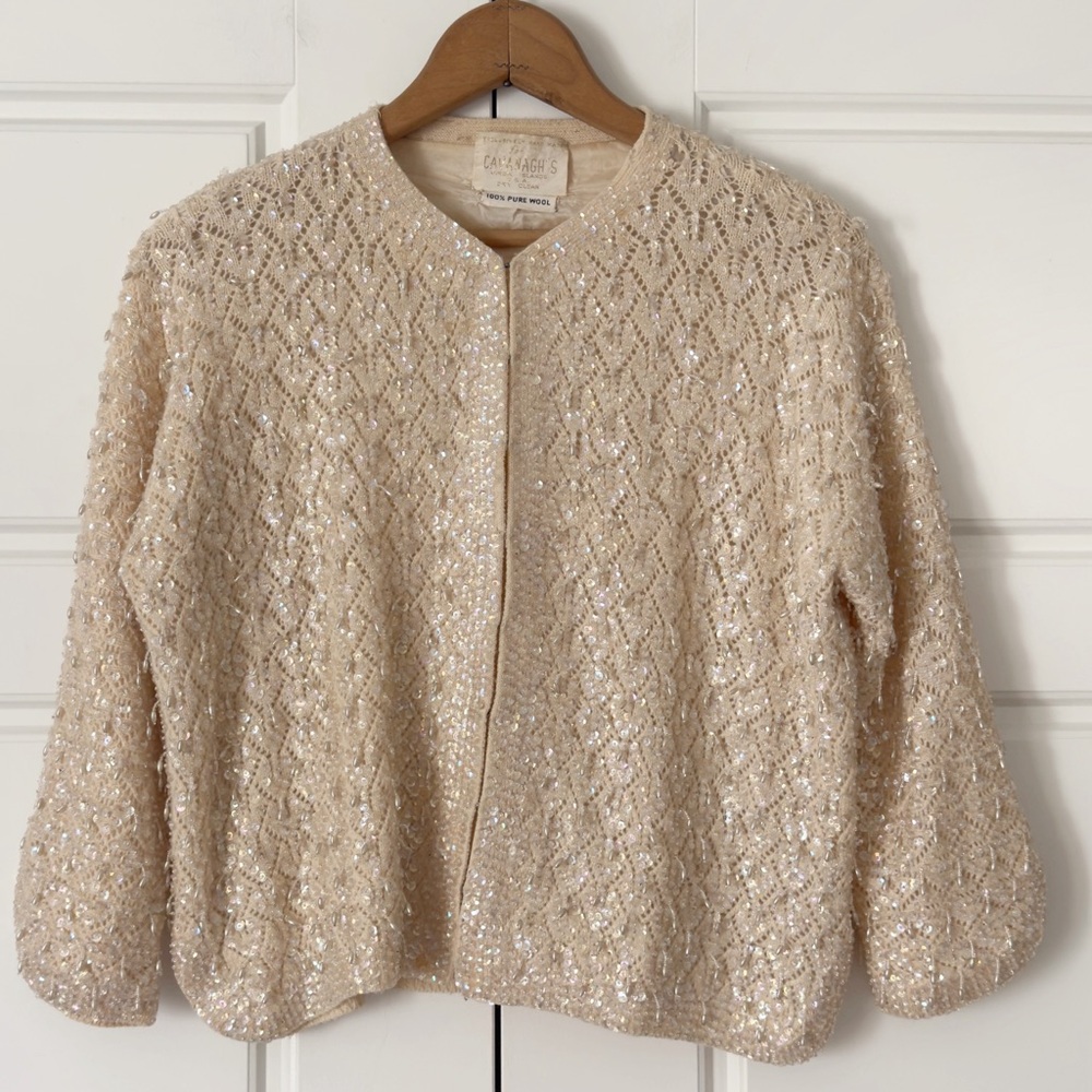 Vintage 50s Cavanagh’s Sequin Beaded Wool Cardigan M Cream Formal Statement Glam